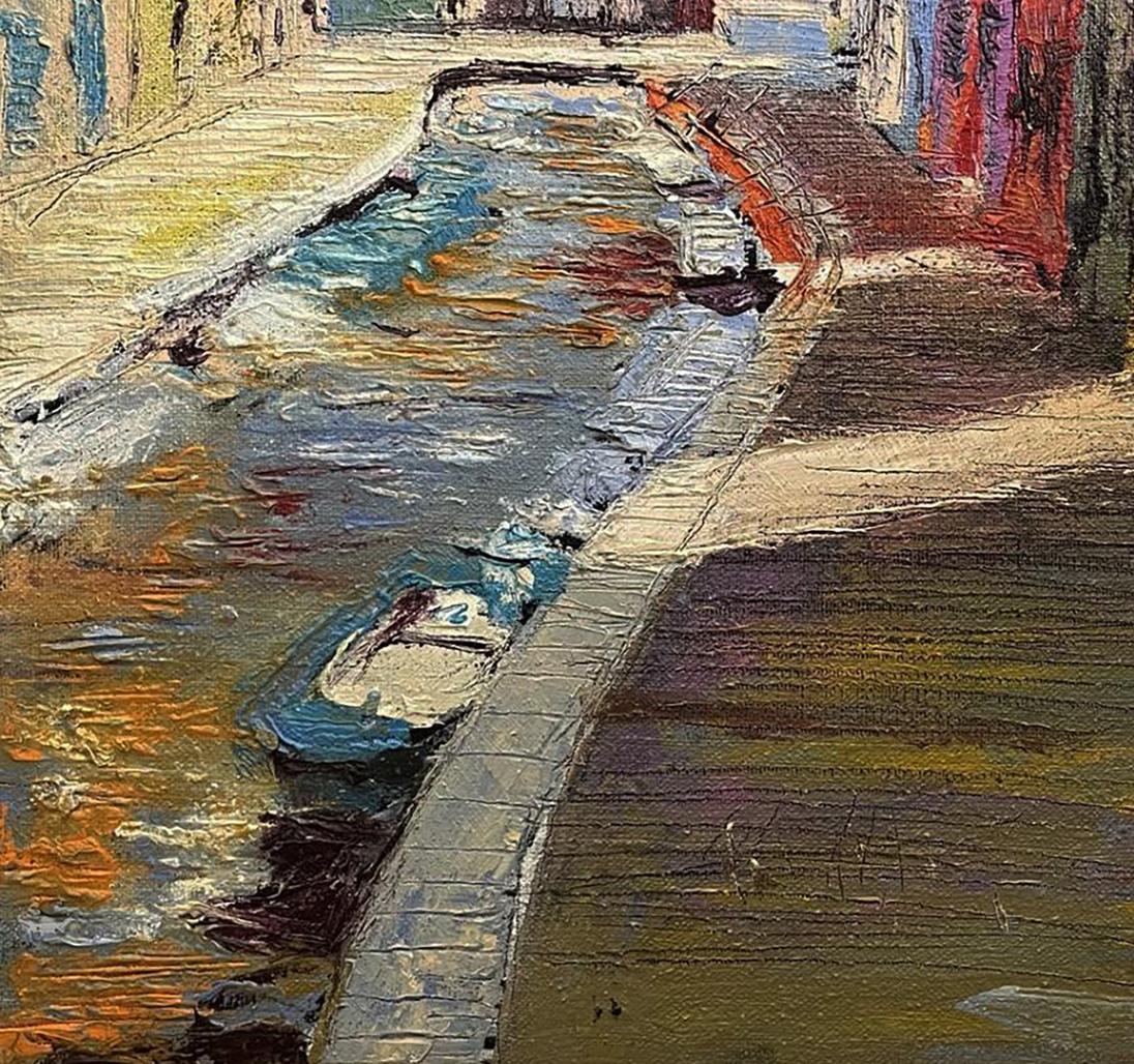 Oil painting Compromise by Serhiy Kovalev: narrow canal with colorful buildings