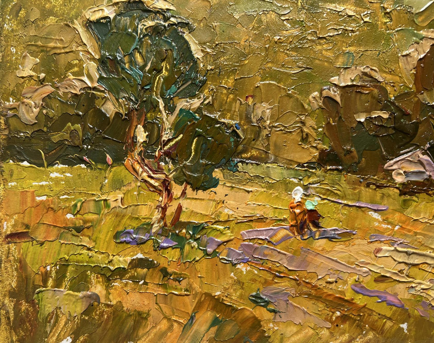 Oil painting A walk along the outskirts of the village by Oleksiy Ivanyuk with textured tree