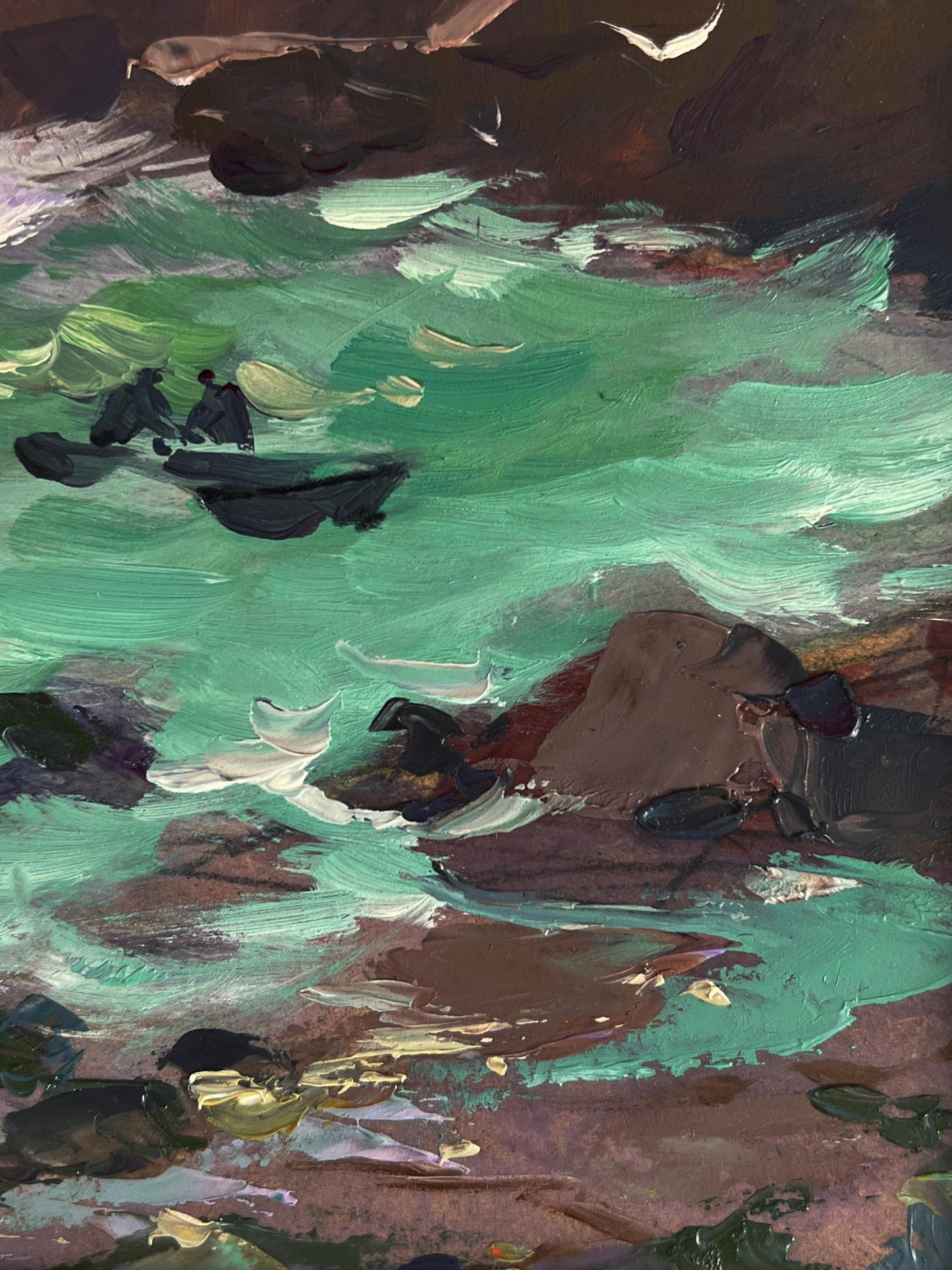 Oil painting Waves at the seashore by Yuriy Suprunchuk, turbulent teal waves