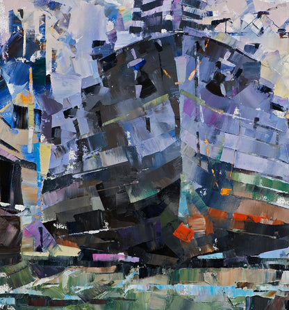 Oil painting of USS Texas BB-35 in dry dock with abstract blue-gray strokes