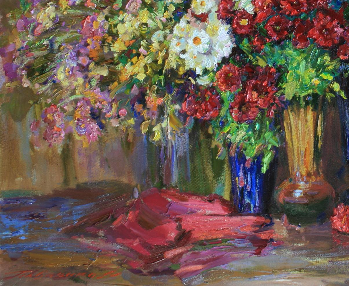 Oil painting of vibrant autumn bouquets by Leonid Pavlenko in colorful vases