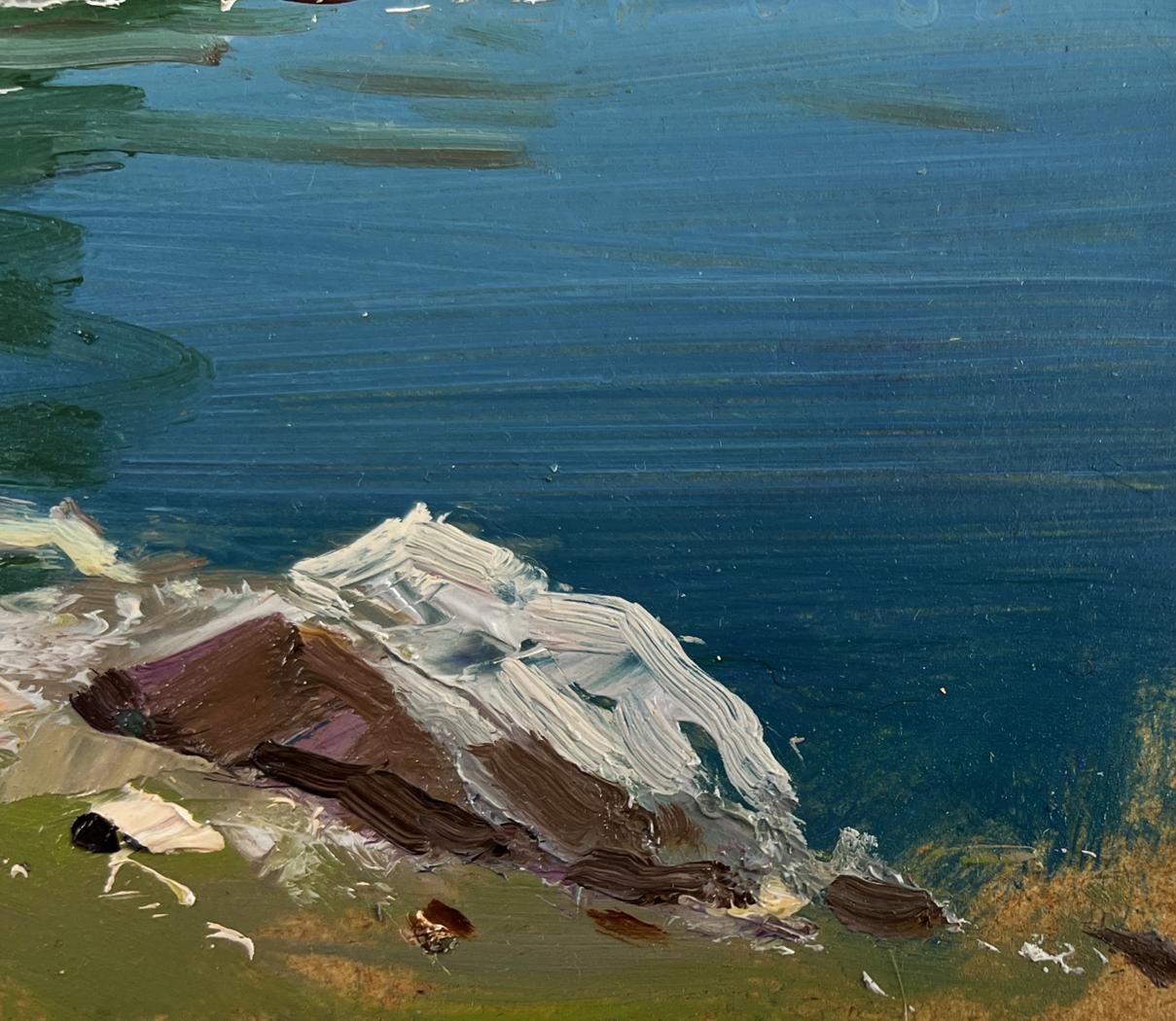 Oil painting Sea Breeze on the Shore by Yuriy Suprunchuk, rocky textured shoreline