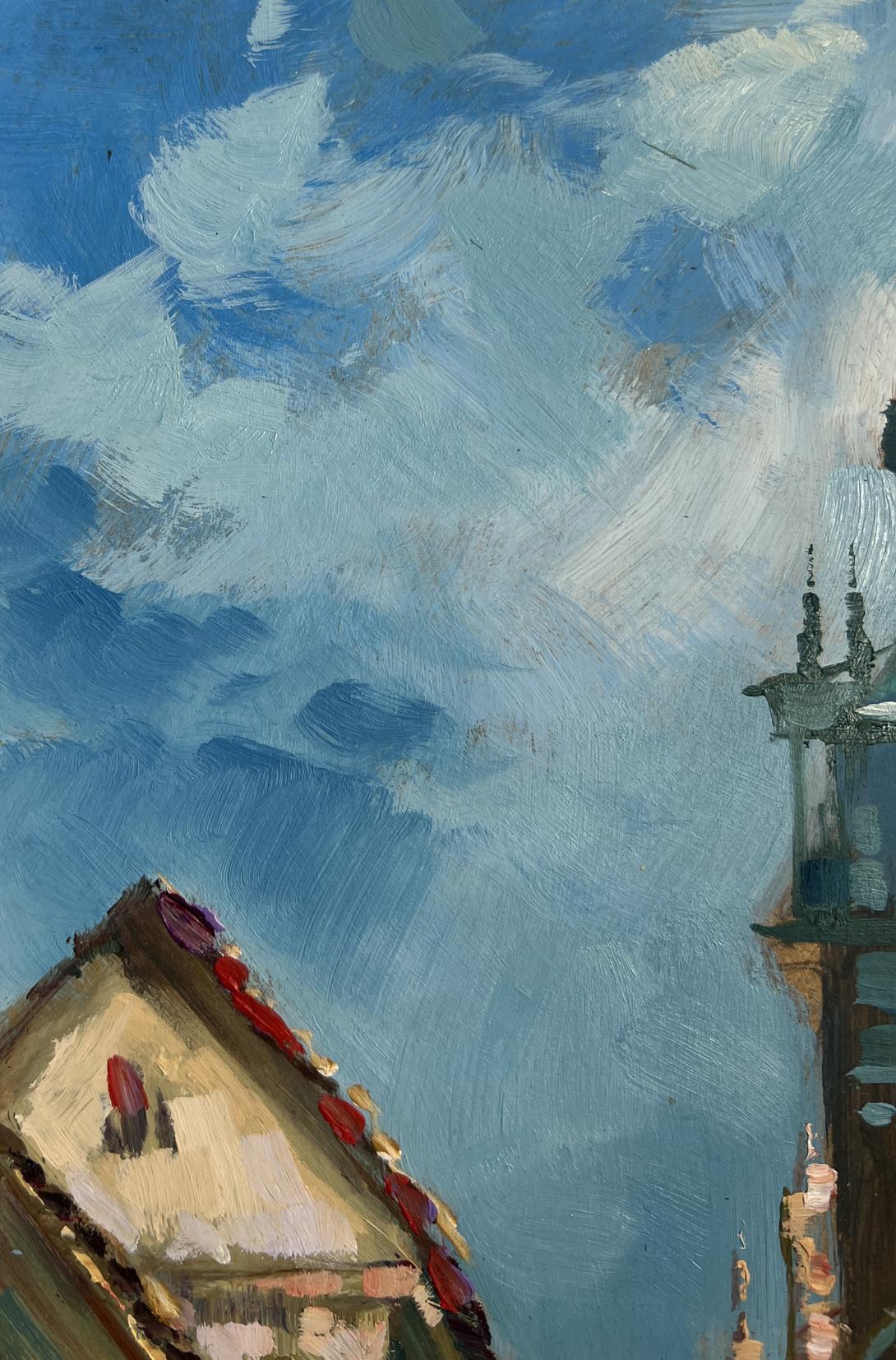 Oil painting by Yuriy Suprunchuk of people walking street with swirling blue clouds