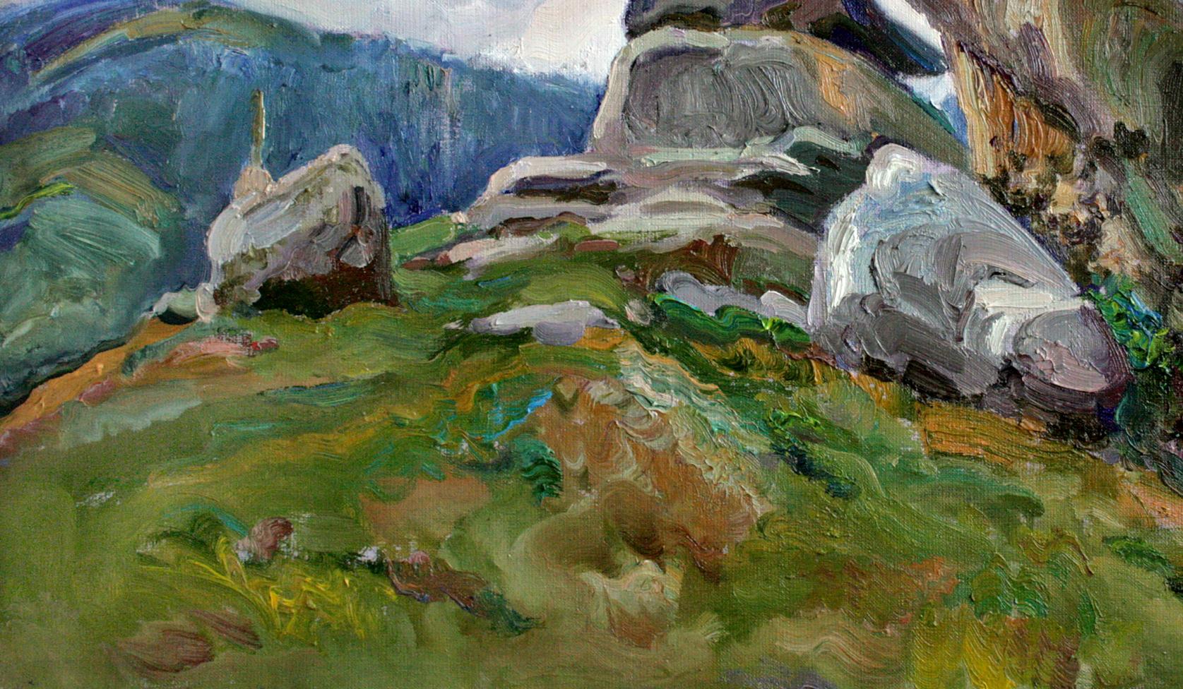 Oil painting Rocks by Leonid Pavlenko: textured rocks and green hills
