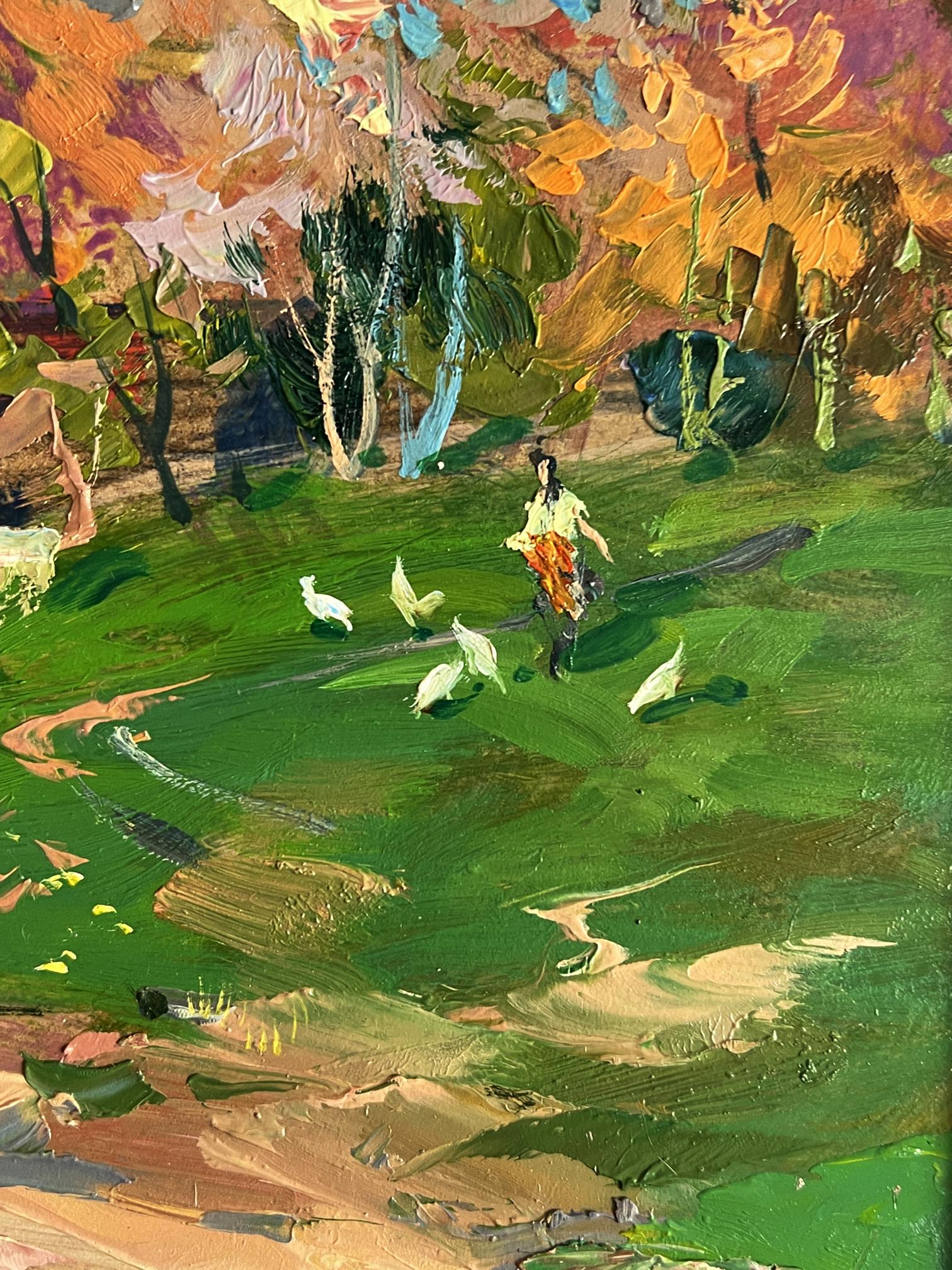 Vibrant impressionist oil painting of figure in orange dress in lush field by Yuriy Suprunchuk