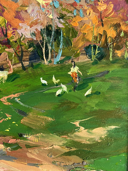Vibrant impressionist oil painting of figure in orange dress in lush field by Yuriy Suprunchuk