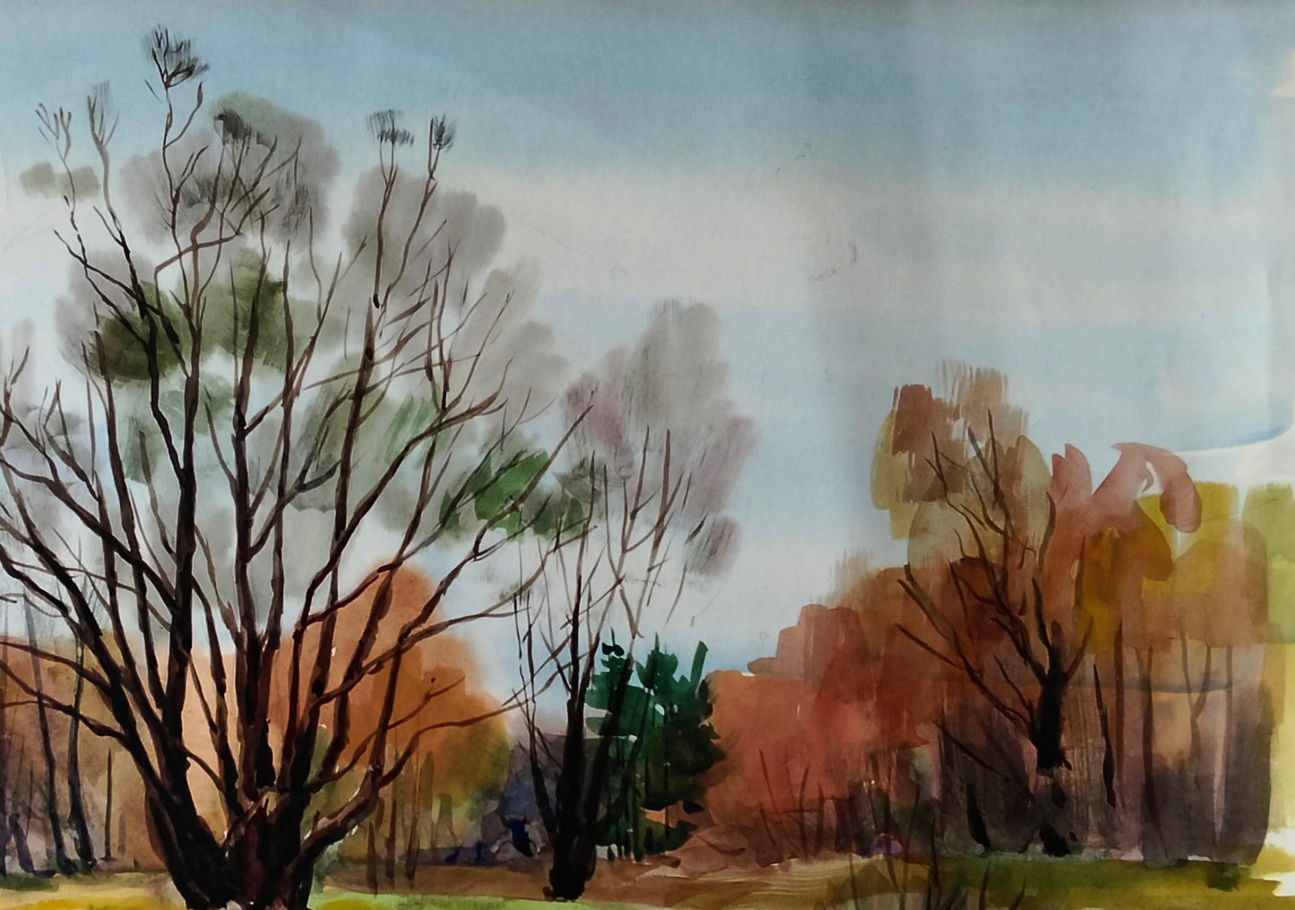 Watercolor landscape by Vitaly Duhnevich: bare trees, autumn foliage, blue sky