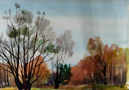 Watercolor landscape by Vitaly Duhnevich: bare trees, autumn foliage, blue sky