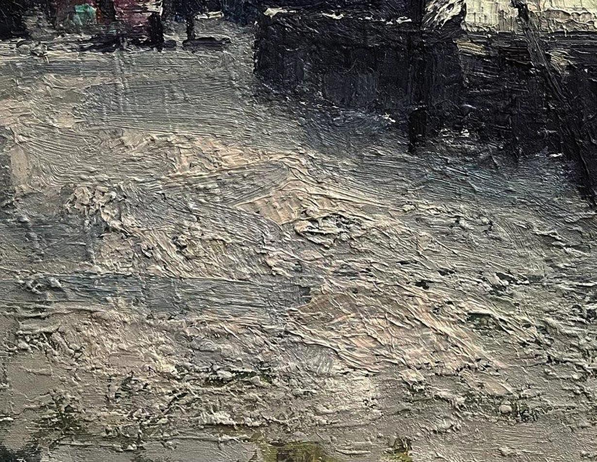 Oil painting Snowy spring by Volodymyr Pashchenko, textured riverbank in grays