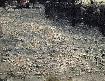Oil painting Snowy spring by Volodymyr Pashchenko, textured riverbank in grays