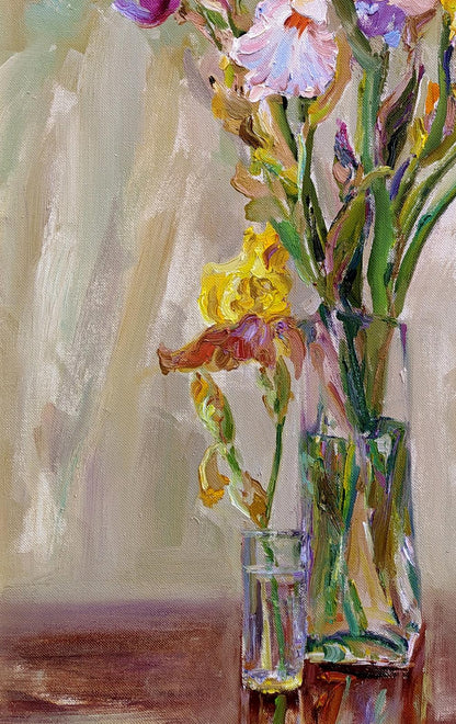 Oil painting of vibrant irises in glass vase by Leonid Pavlenko