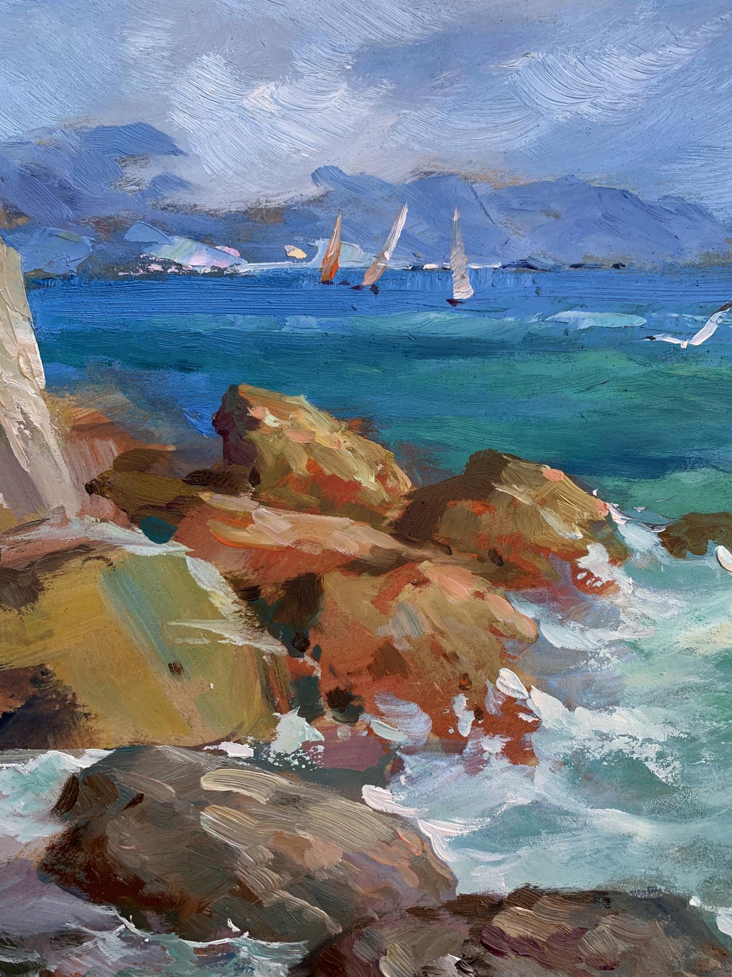 Vibrant oil painting by Yuriy Suprunchuk of sea waves crashing on rugged rocks