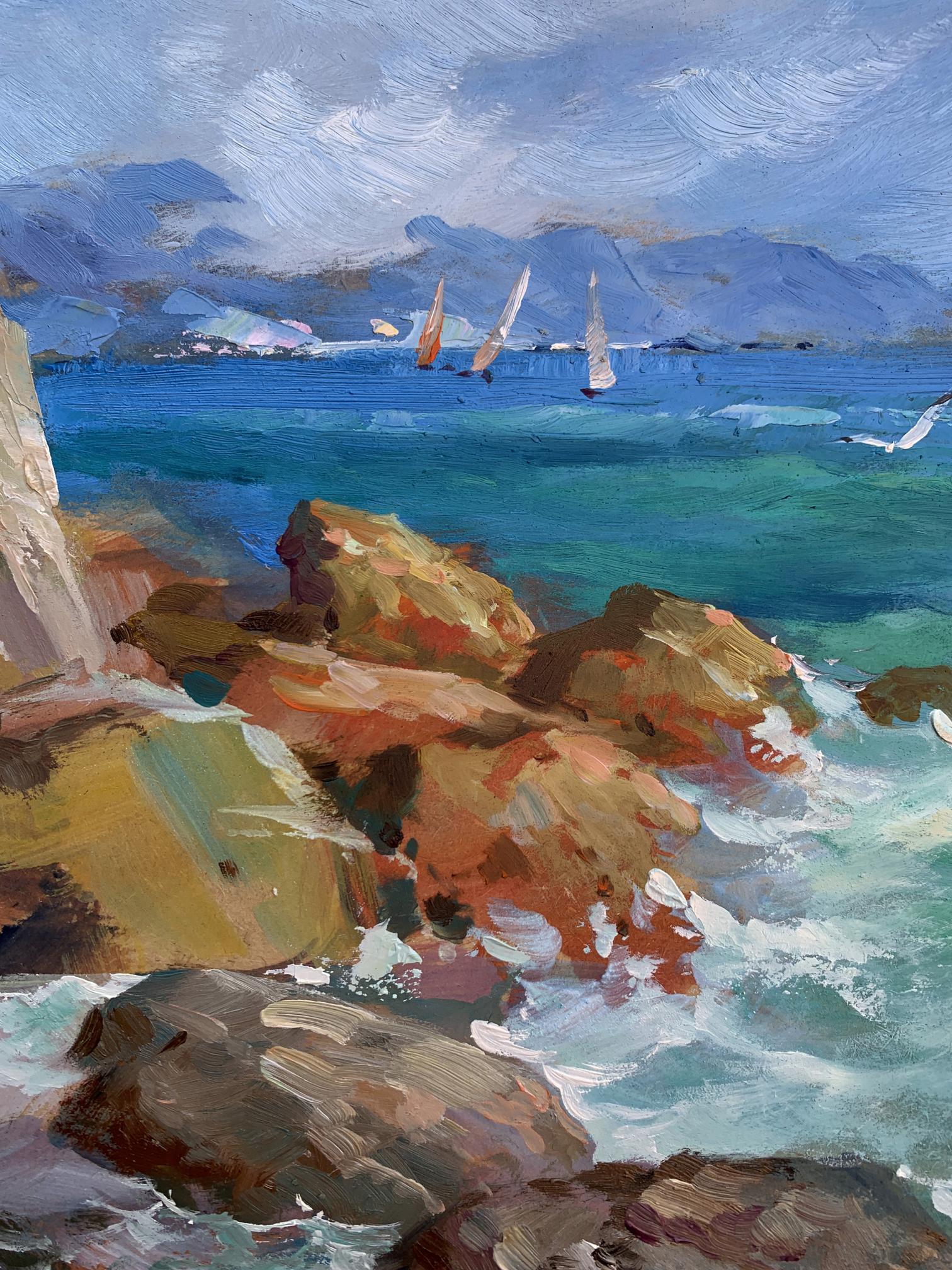 Vibrant oil painting by Yuriy Suprunchuk of sea waves crashing on rugged rocks