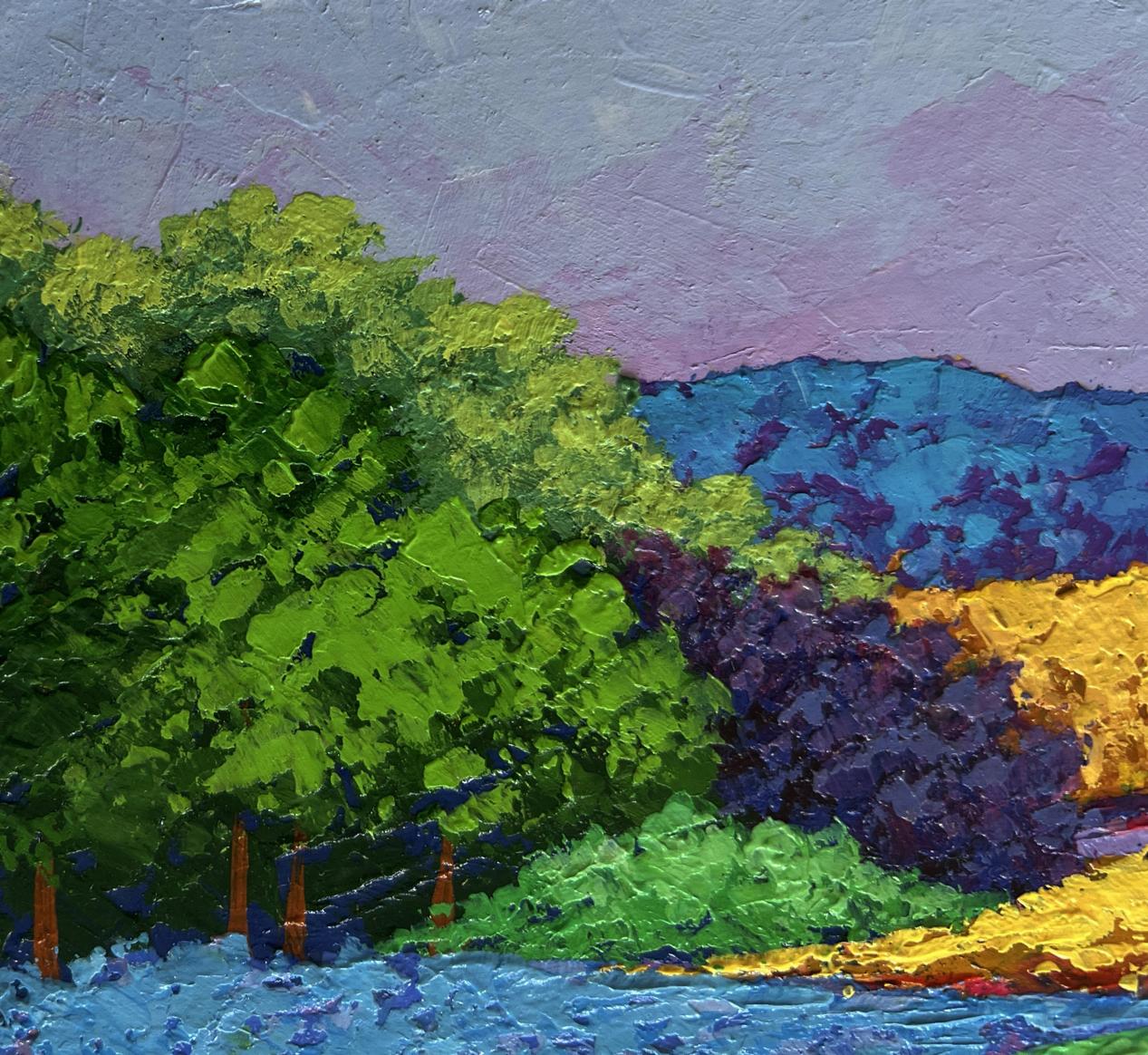 Vibrant impressionist oil painting by V. Zadorozhnya with green trees and purple hills