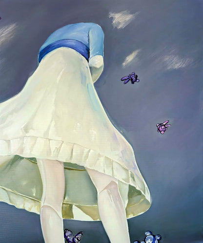 Oil painting like Igor Konovalov: woman in white skirt, blue top against gray sky