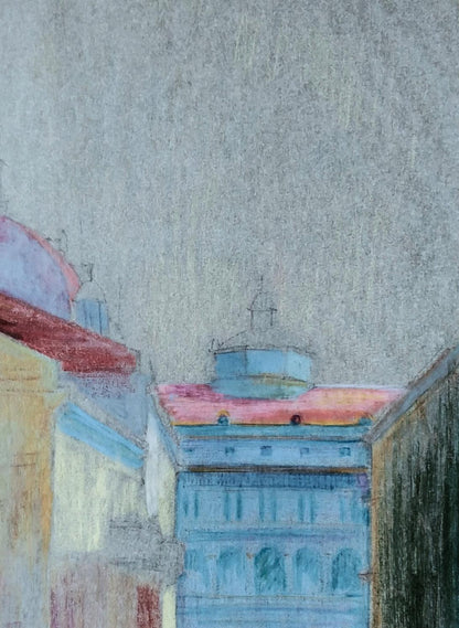 Pastel city bird’s eye view sketch by Vitaly Duhnevich, blue domed building