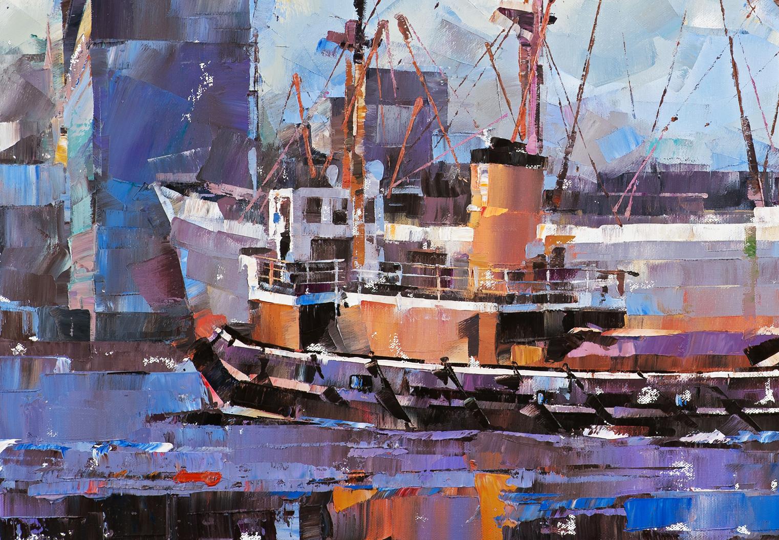 Oil painting of cargo ship and tugboat by Volodymyr Gluhomanyuk