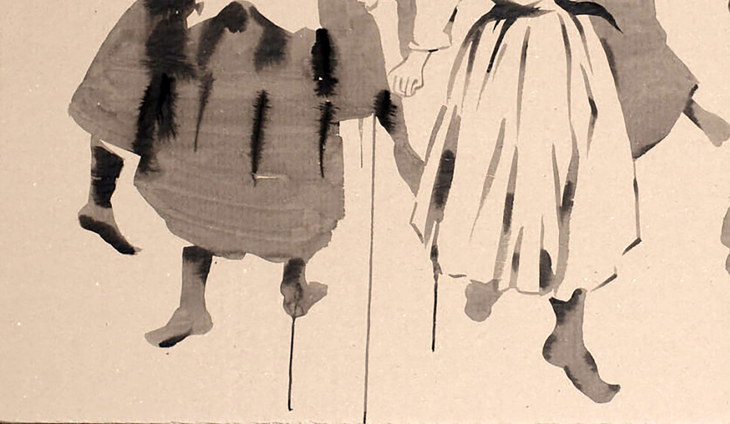 Monochromatic ink wash of two figures in flowing skirts by Dima Filatov