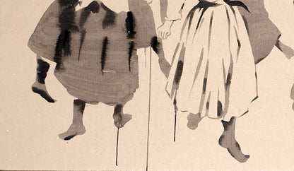 Monochromatic ink wash of two figures in flowing skirts by Dima Filatov