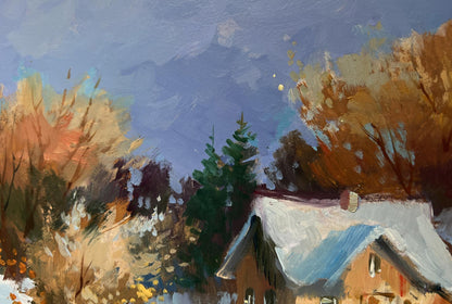 Oil painting of cozy snow-dusted house by Yuriy Suprunchuk