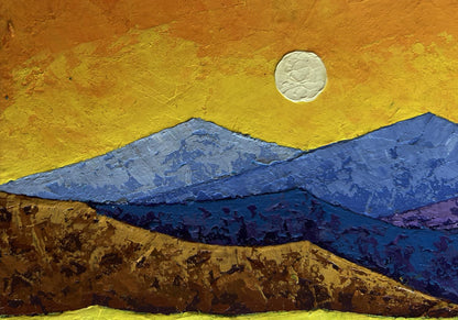 Impressionistic oil painting of layered mountains by V. Zadorozhnya under orange sky