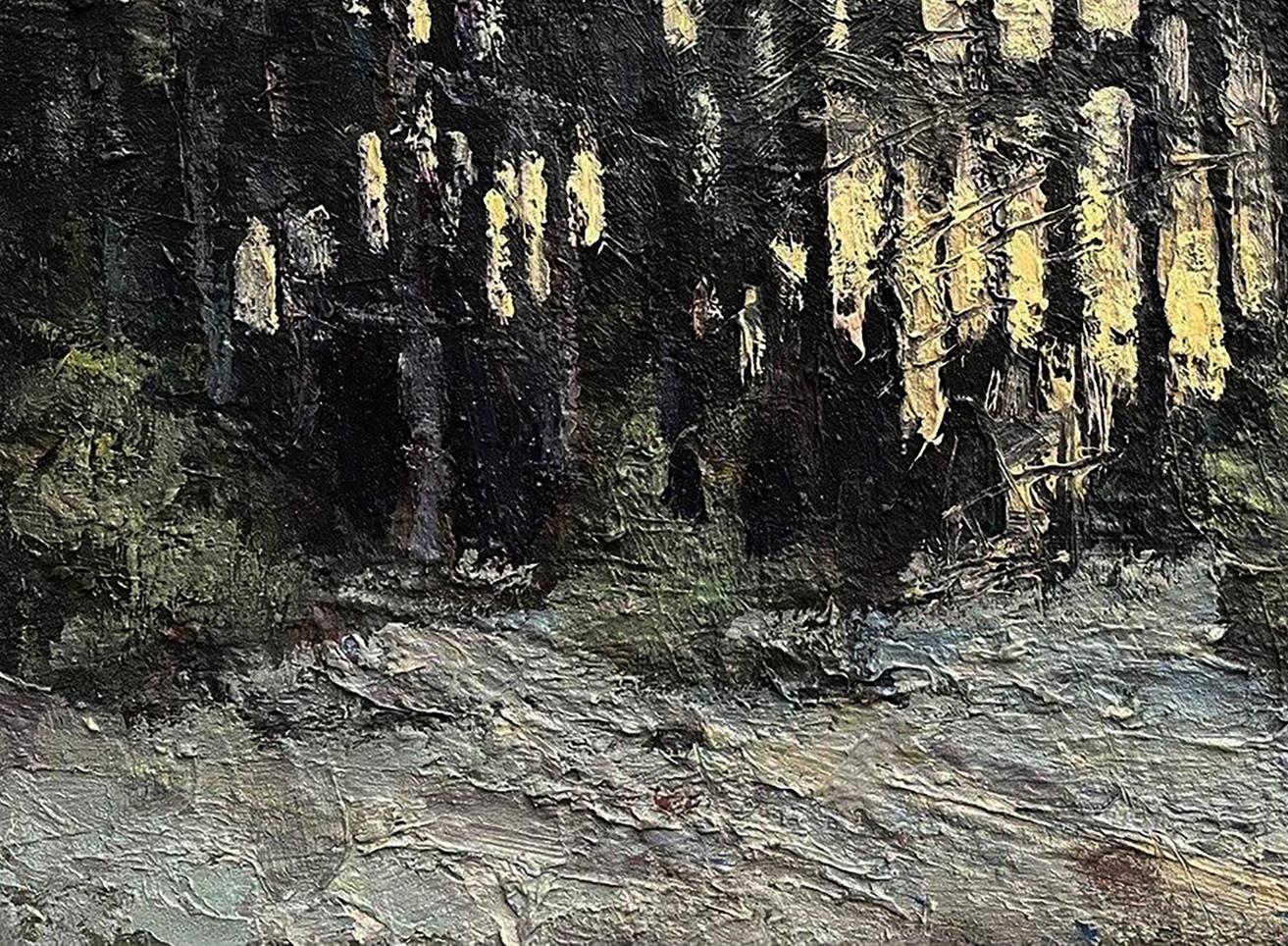 Oil painting Early Snow by Volodymyr Pashchenko: dark forest with yellow light