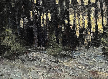 Oil painting Early Snow by Volodymyr Pashchenko: dark forest with yellow light