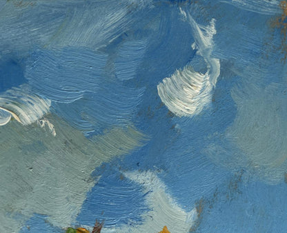 Oil painting Sunflowers reach for the sky by Yuriy Suprunchuk with blue white clouds