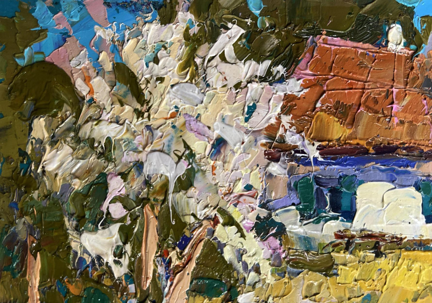 Vibrant impressionist oil painting of flowering trees in garden by Oksana Ivanyuk