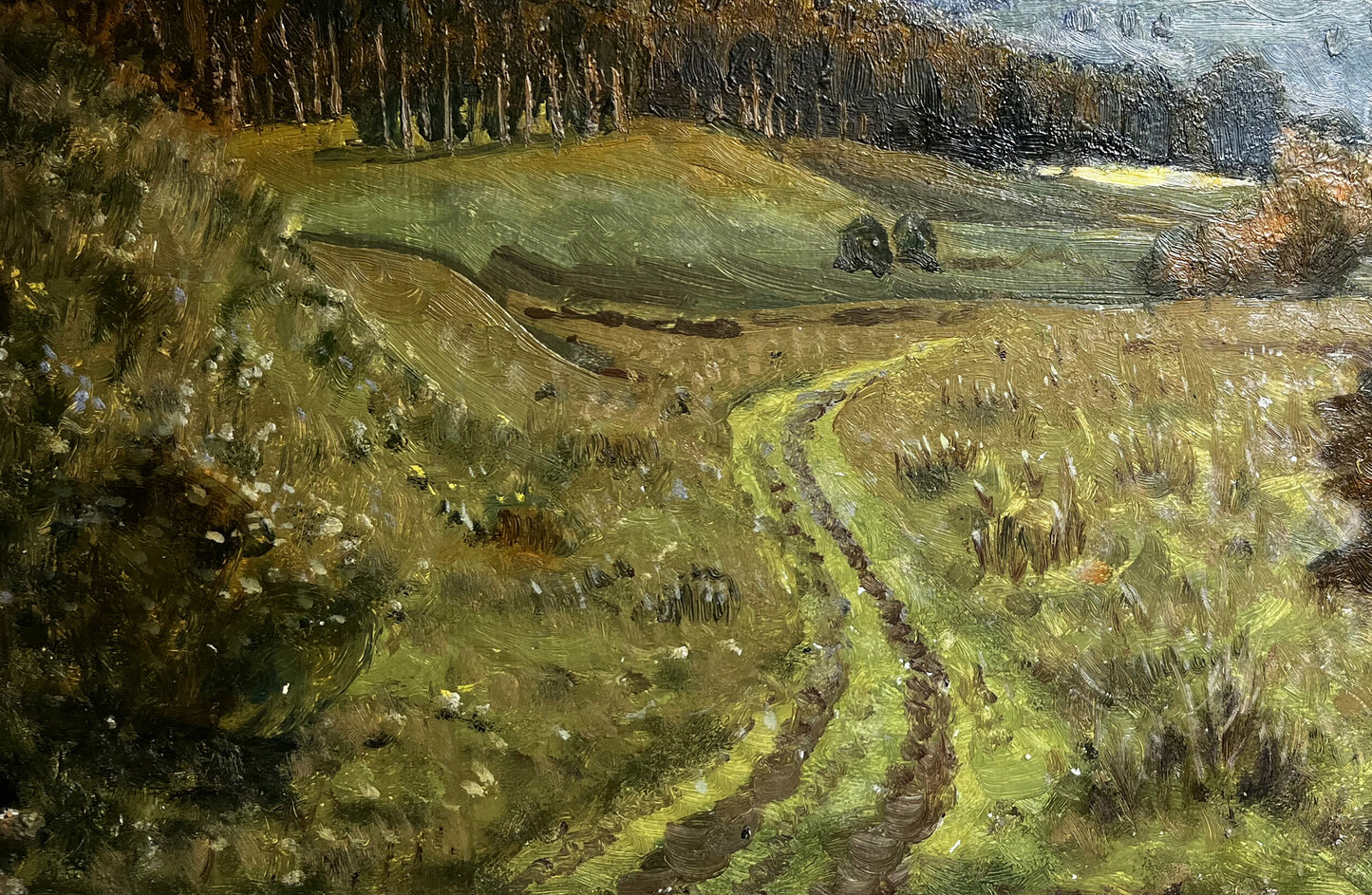 Oil painting Silence by unknown artist: winding path through green hills