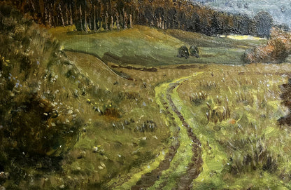Oil painting Silence by unknown artist: winding path through green hills