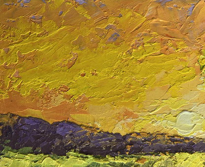 Vibrant oil painting Setting sun in the field by V. Zadorozhnya with impasto brushstrokes