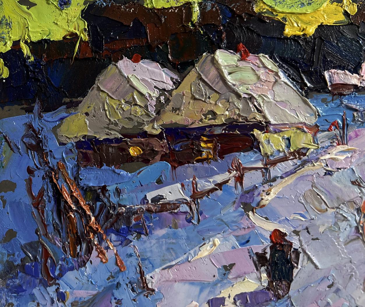 Impasto oil painting of snowy village road by Oksana Ivanyuk