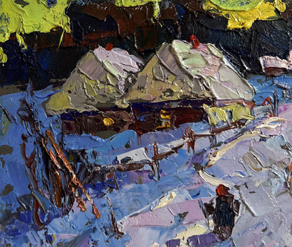 Impasto oil painting of snowy village road by Oksana Ivanyuk