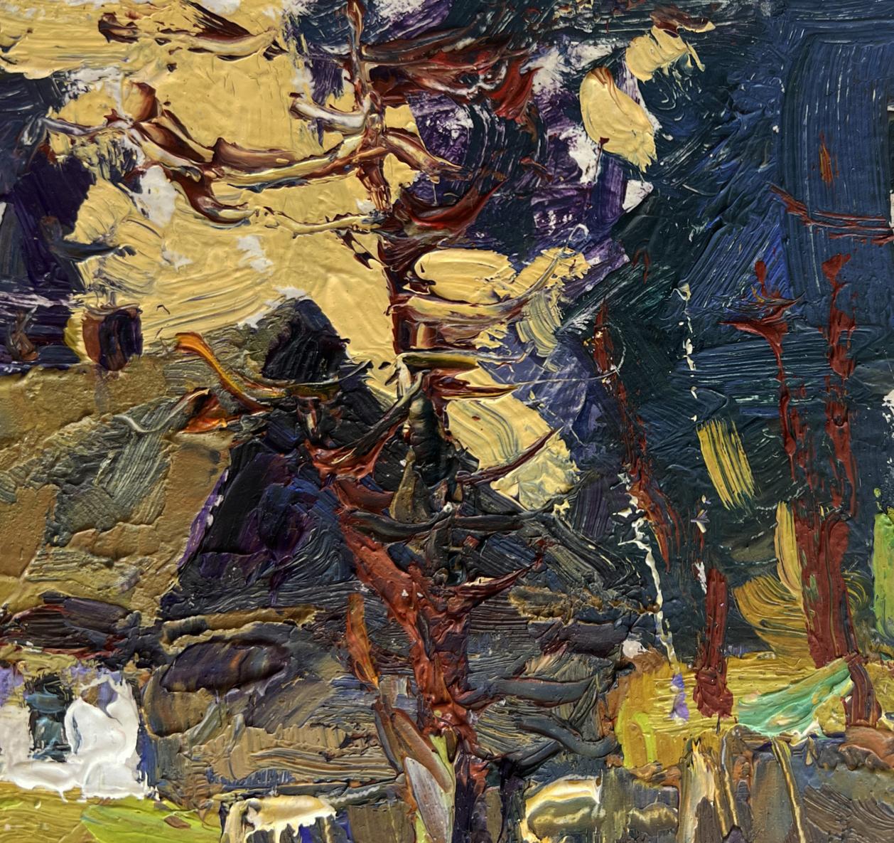 Oil painting Houses near the forest by Oksana Ivanyuk in gold, blue, red