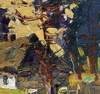 Oil painting Houses near the forest by Oksana Ivanyuk in gold, blue, red