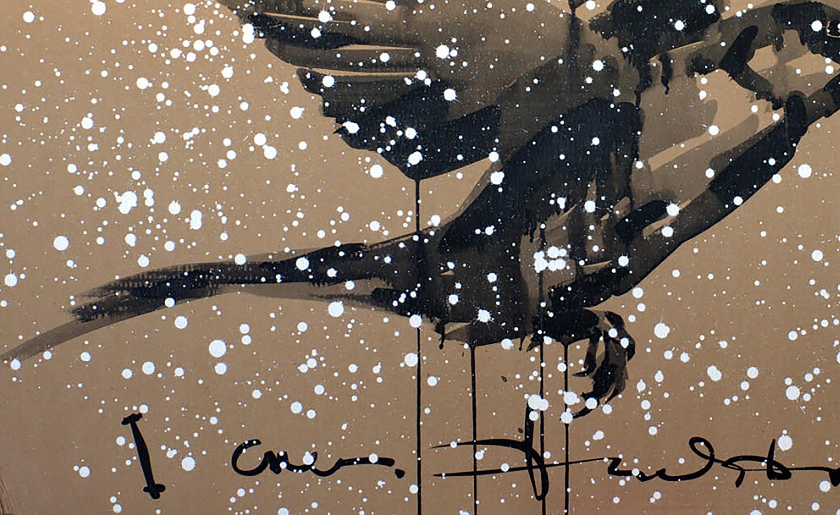 Black and brown ink bird in flight, First snow by Dima Filatov, beige background