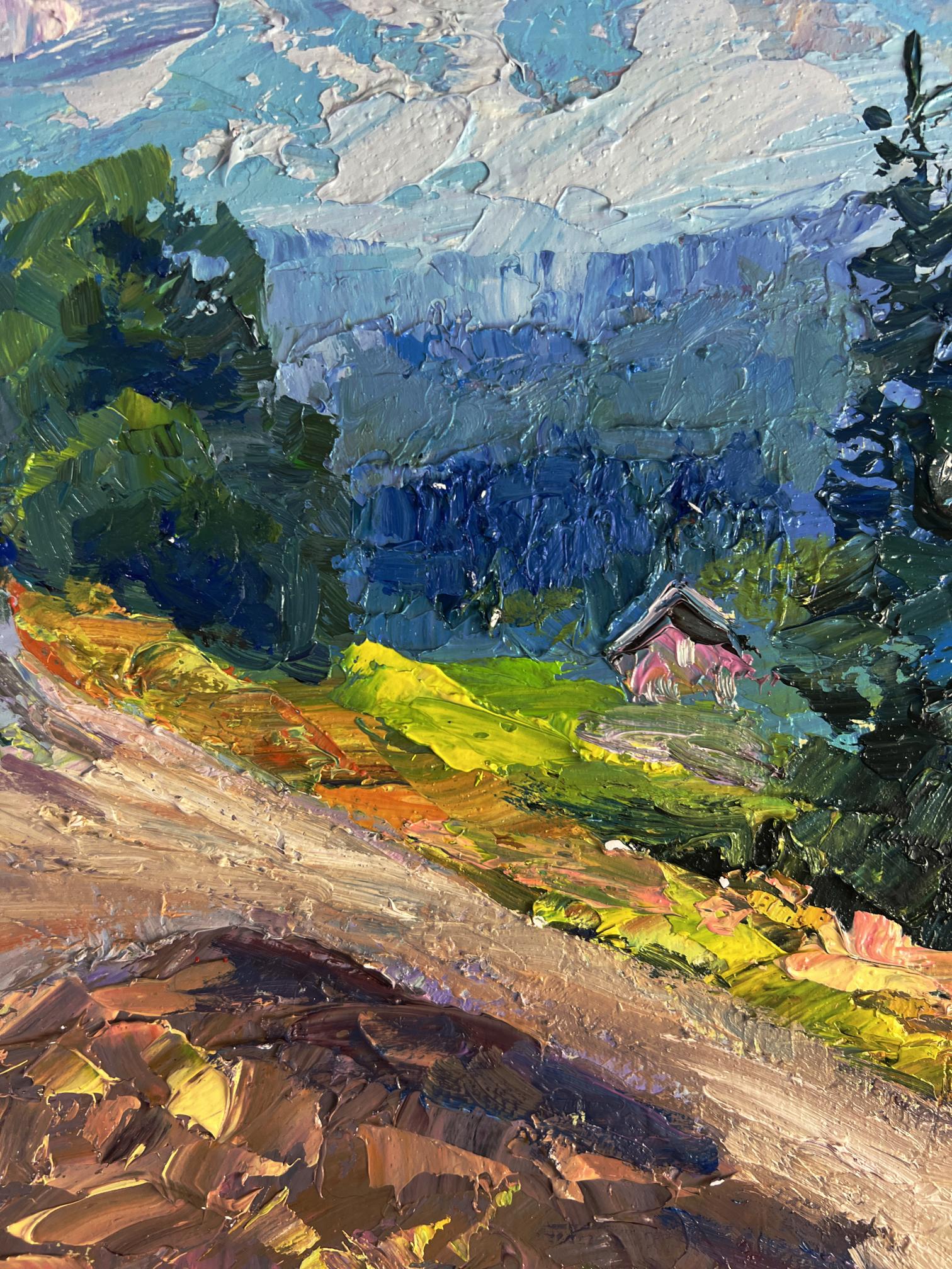 Oil painting Fresh mountain air by Boris Serdyuk: pink house in green hills, blue mountains
