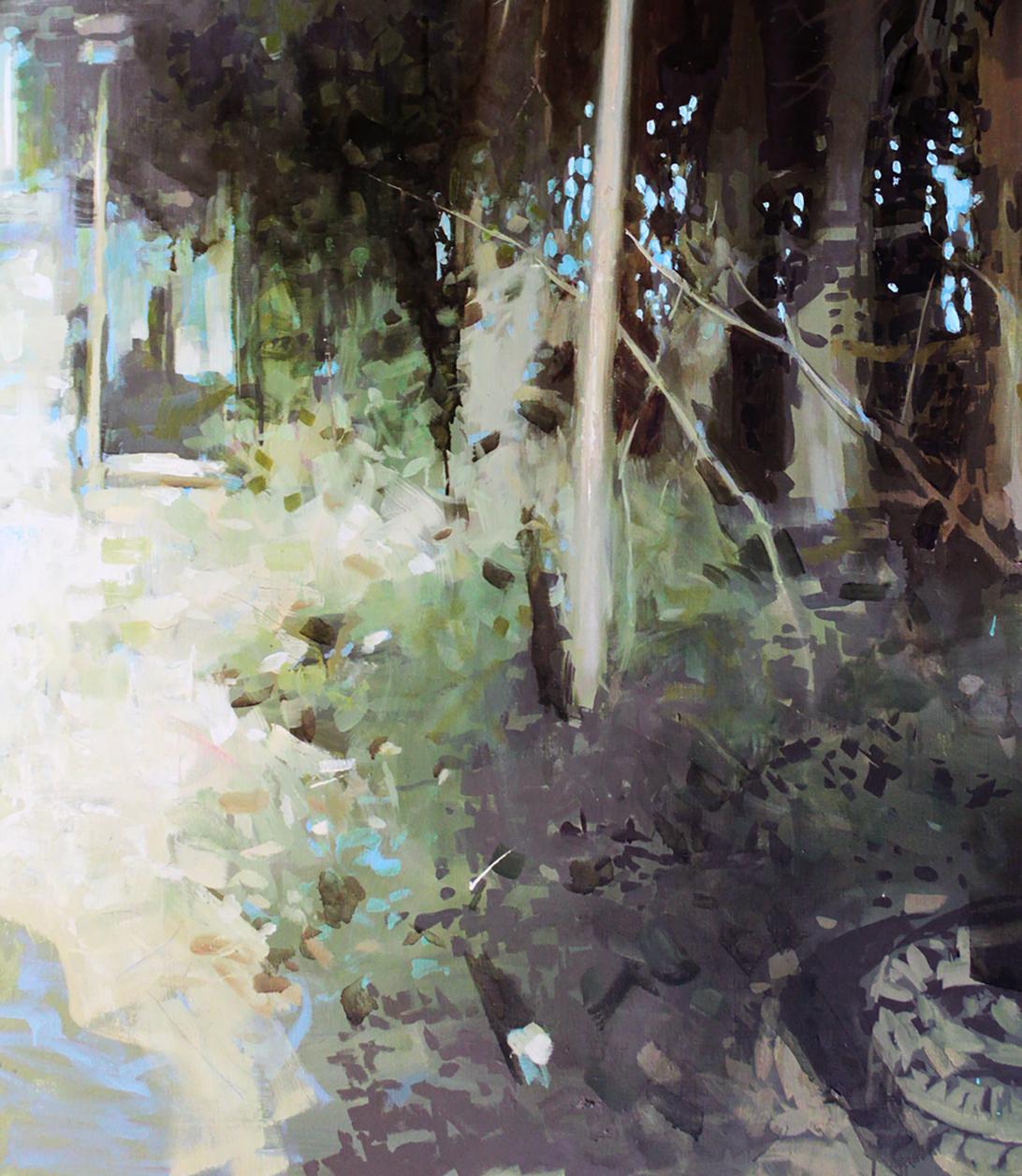 Oil painting Outskirts by Ed Potapenkov: sunlit forest path