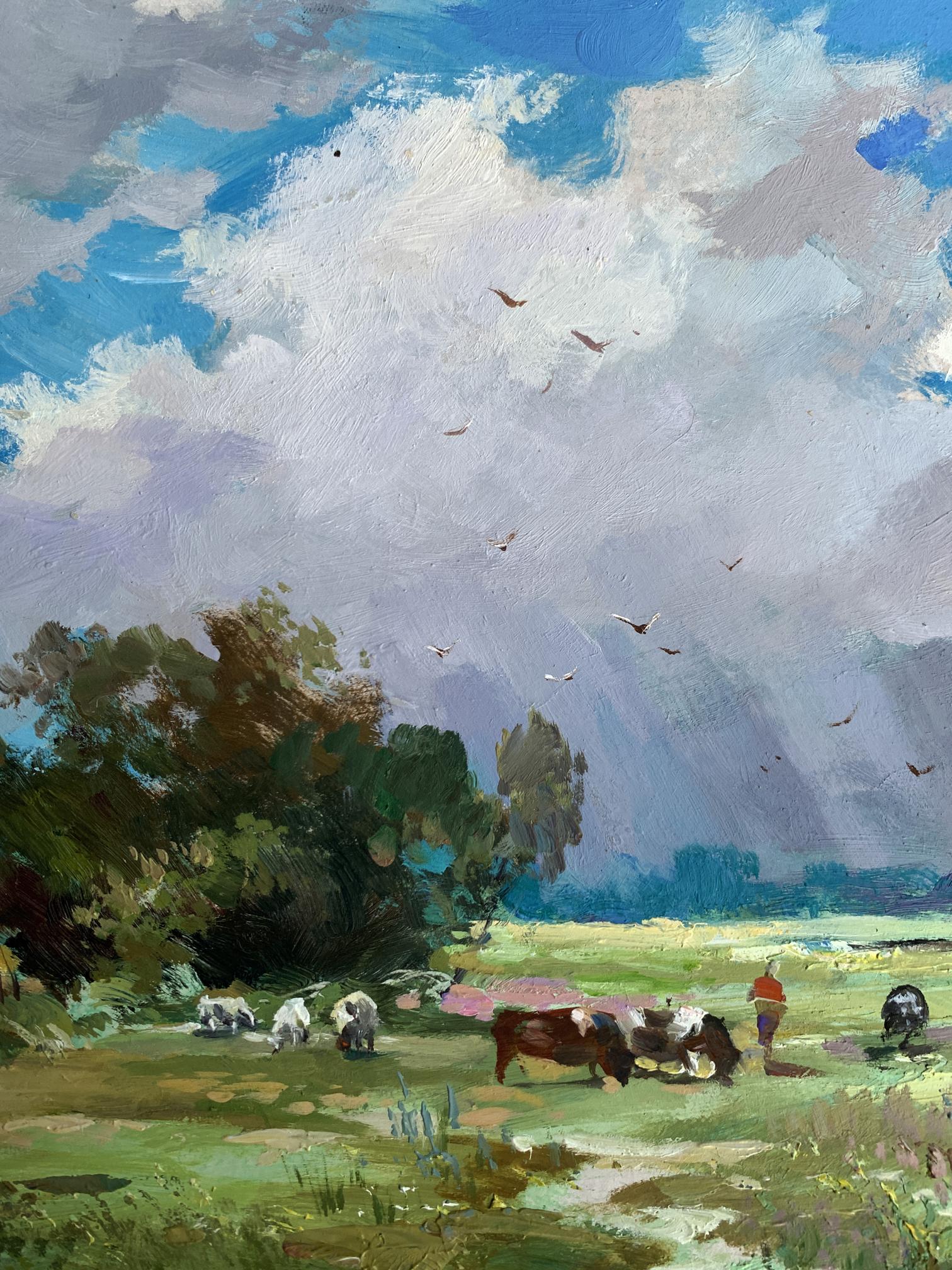 Pastoral oil painting by Yuriy Suprunchuk with blue sky, green fields, cows