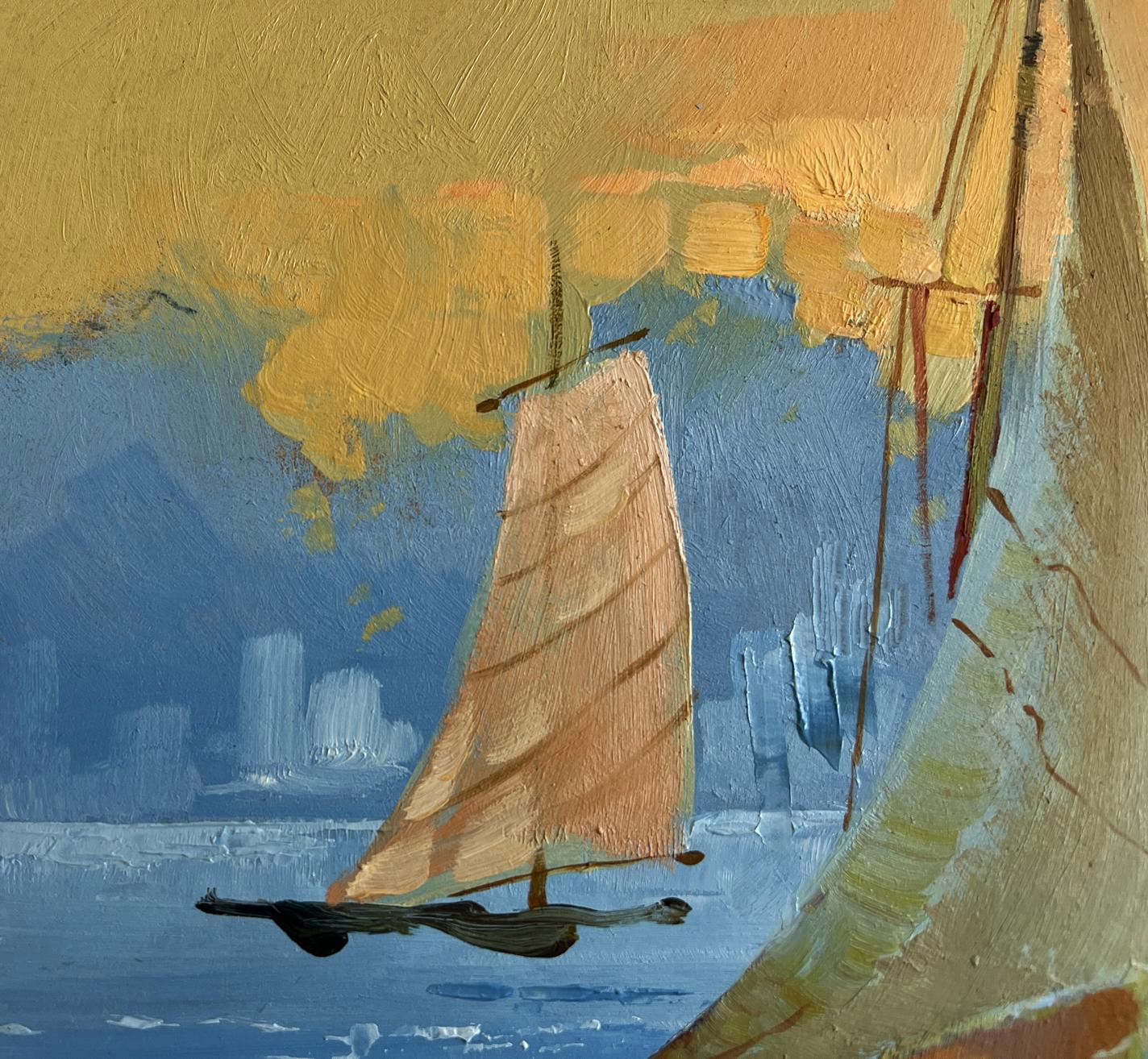 Oil painting of sailboat with beige sail on blue sea at sunset by Yuriy Suprunchuk
