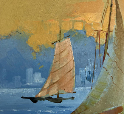 Oil painting of sailboat with beige sail on blue sea at sunset by Yuriy Suprunchuk
