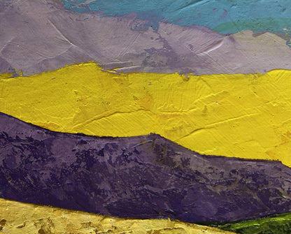 Oil painting The sun is behind the mountains V. Zadorozhnya with yellow purple teal bands