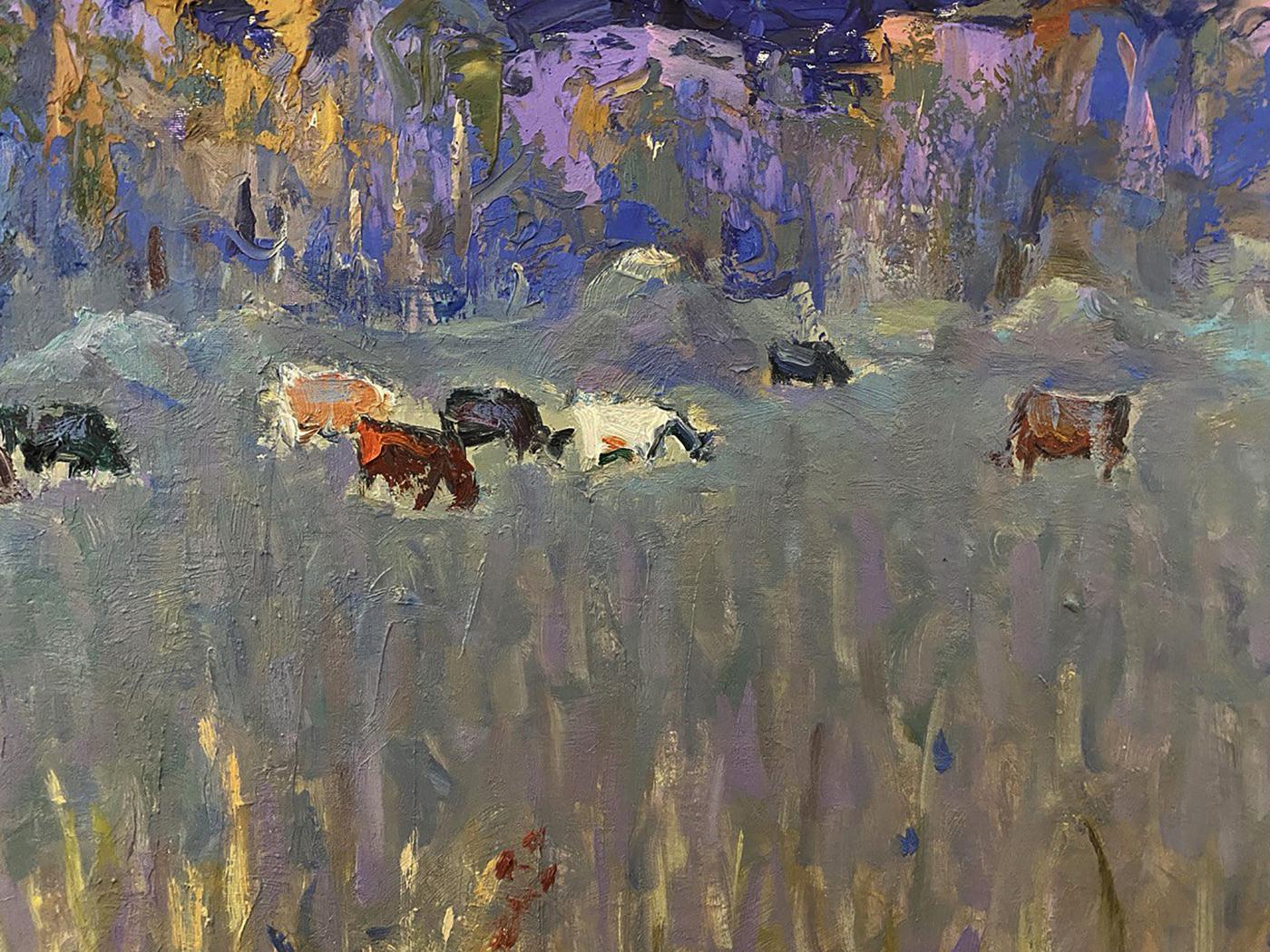 Textured impressionistic oil painting of cows grazing in cold steppes by Oleksiy Ivanyuk