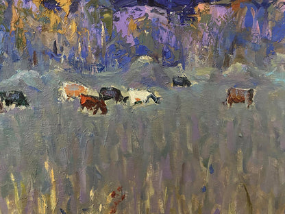 Textured impressionistic oil painting of cows grazing in cold steppes by Oleksiy Ivanyuk