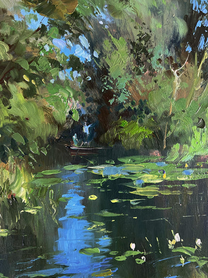 Serene impressionistic oil painting of rowboat on forest summer lake by Yuriy Suprunchuk