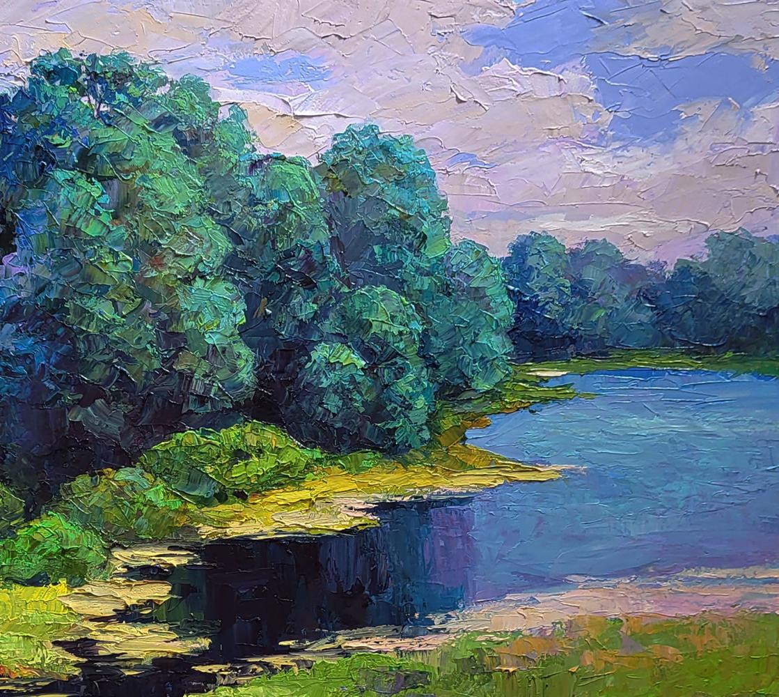 Vibrant impressionist oil painting Relaxation on the river beach by Boris Serdyuk