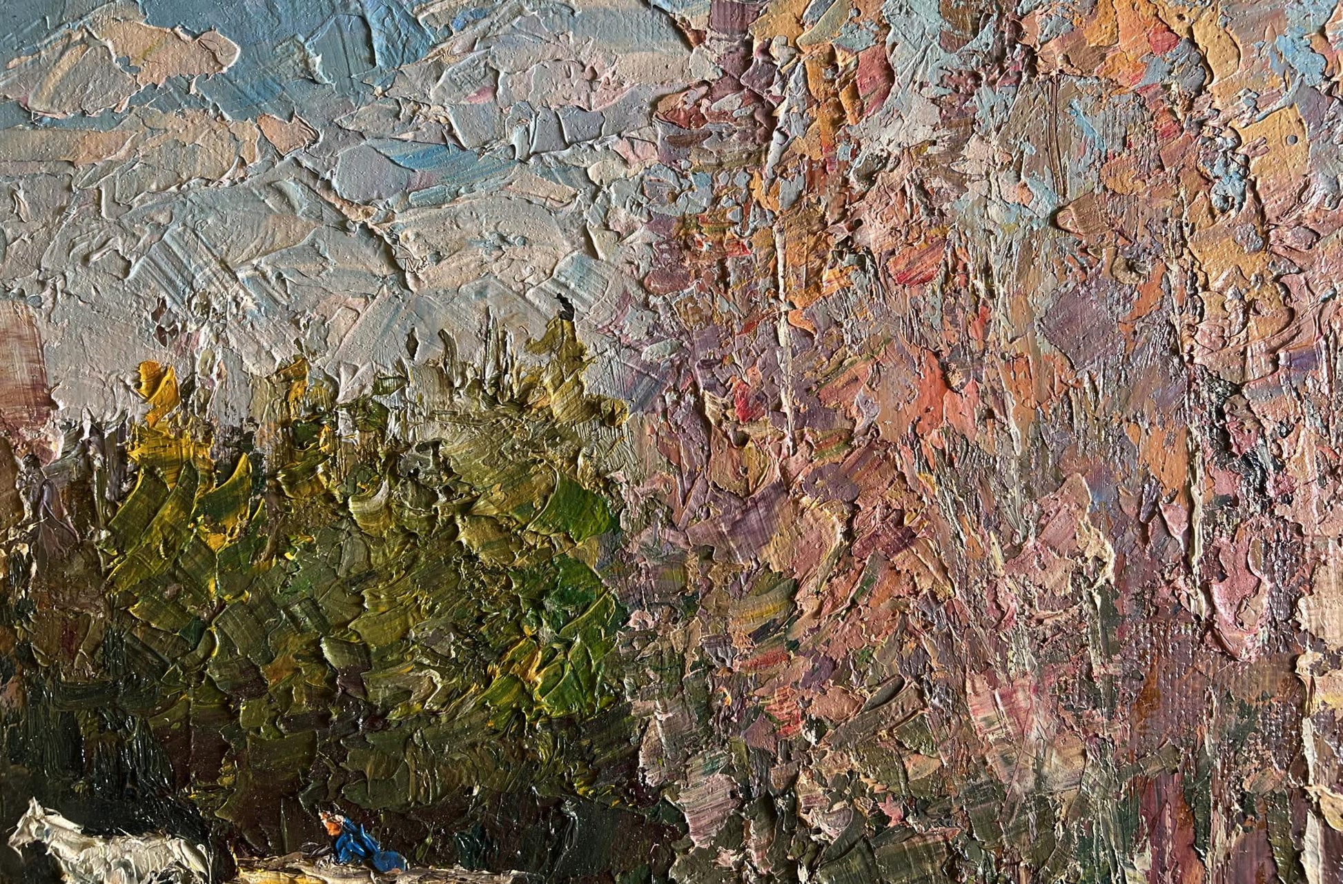 Oil painting Along the forest road by Boris Serdyuk with impasto greens and pinks