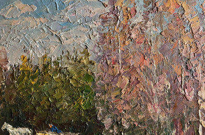 Oil painting Along the forest road by Boris Serdyuk with impasto greens and pinks
