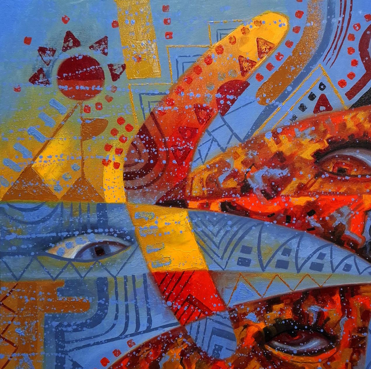 Vibrant oil painting Boomerang watchers by Sergiy Voichenko with geometric shapes and eyes